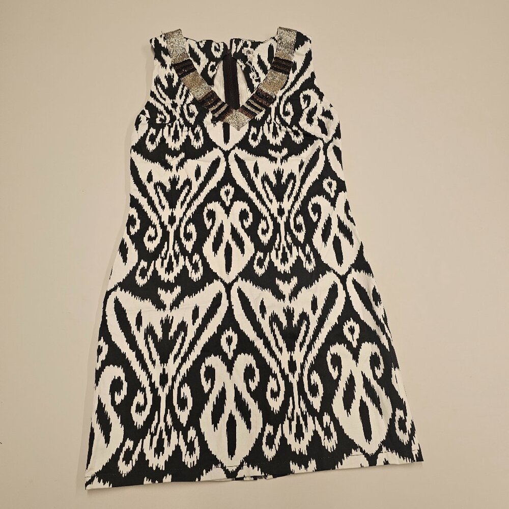 NWT | Small | Iron Tribal Print Black White Beaded Neck Shift Dress